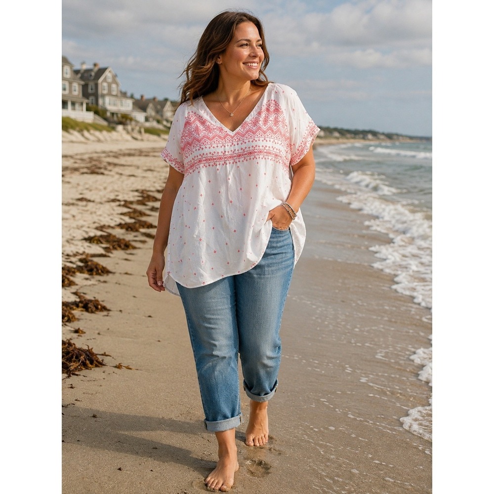Sonoma Women's 3X White Coral Boho Peasant Blouse Embroidered Look Plus Size